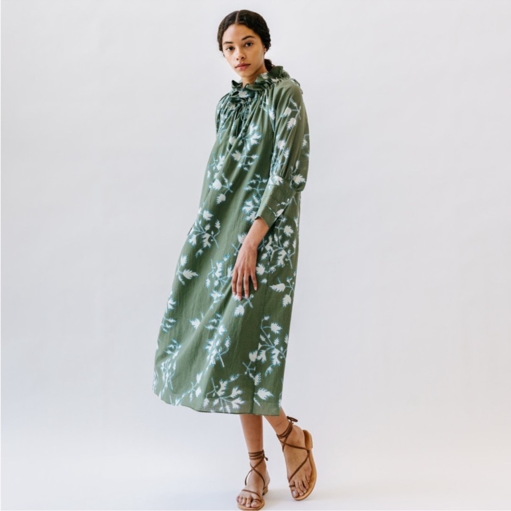 Mirth Fig Leaf Vienna Midi Dress Green Floral High Neck Dress XS Handmade